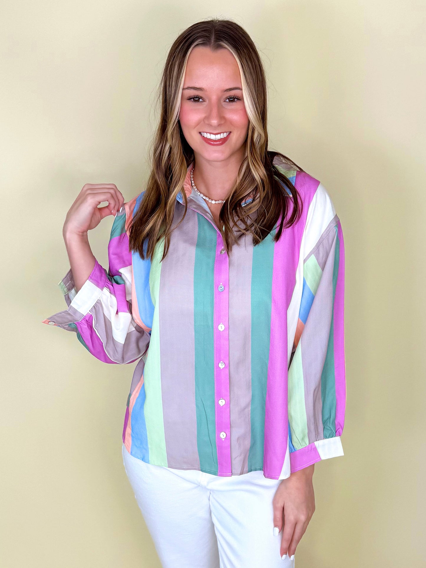 Coast to Coast Button Down-Long Sleeves-Entro-The Village Shoppe, Women’s Fashion Boutique, Shop Online and In Store - Located in Muscle Shoals, AL.